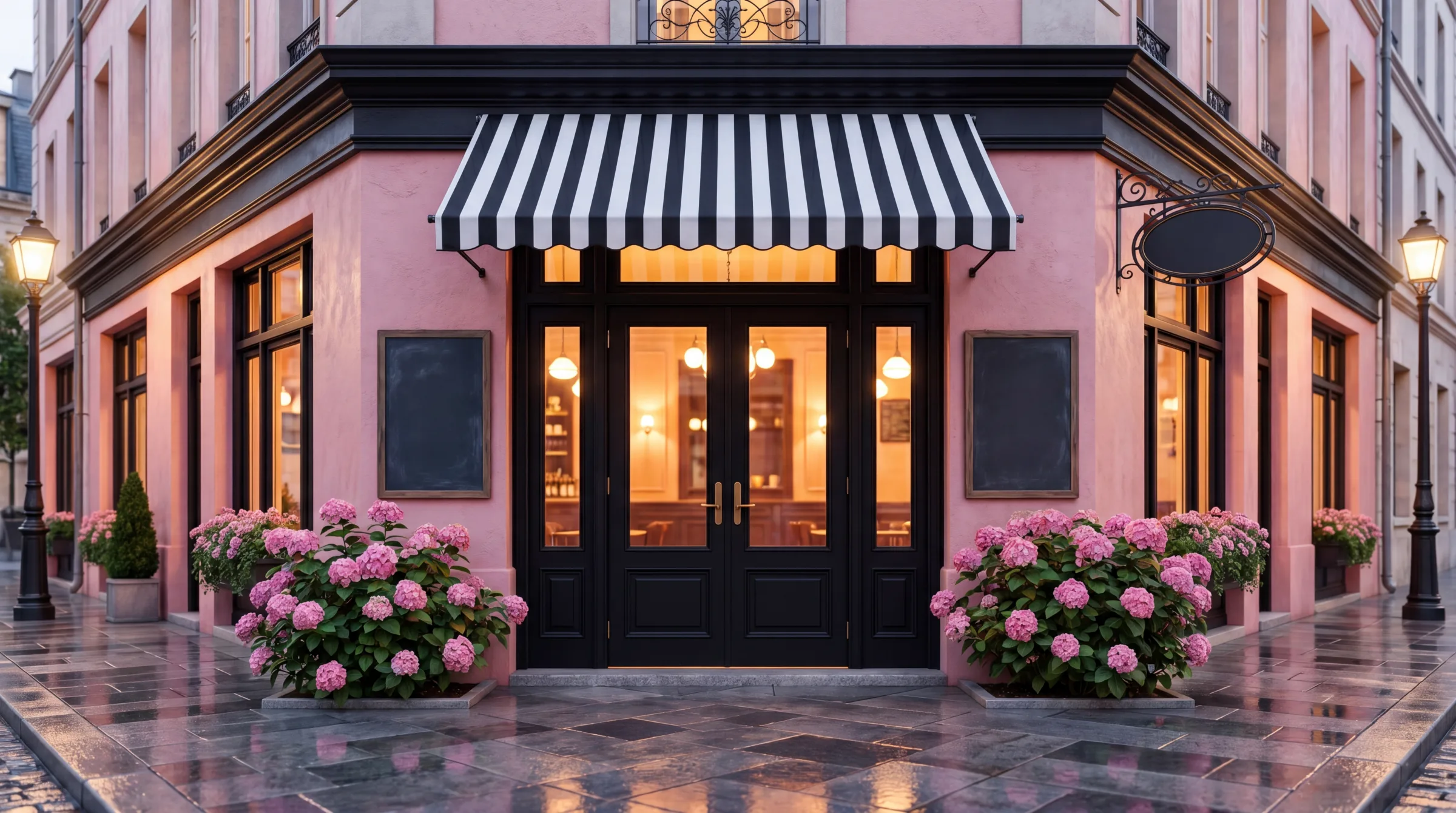 Pink Paulette Cafe storefront with striped awning and flowers