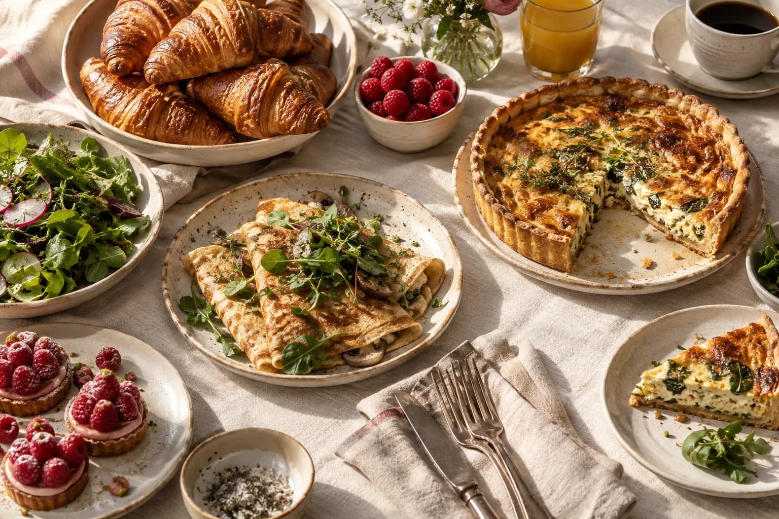 Crêpes, quiche, pastries and coffee set out to share